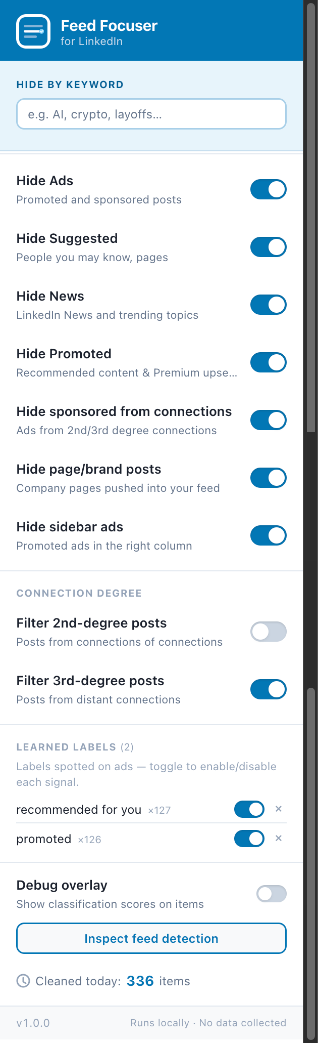 Feed Focuser extension popup showing filter toggles